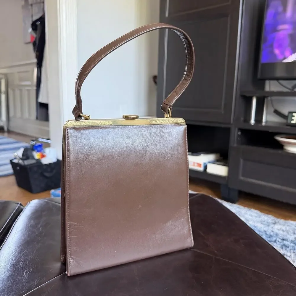 Vintage Block Top Handle Bag Womens Small Brown Leather Gold Frame Evening Purse